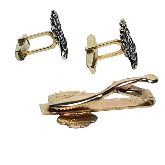 Vintage Gold Tone W/ Black Enamel Fleur Di Lis Tie Bar And Cufflinks Set (6057) - Picture 4 of 5